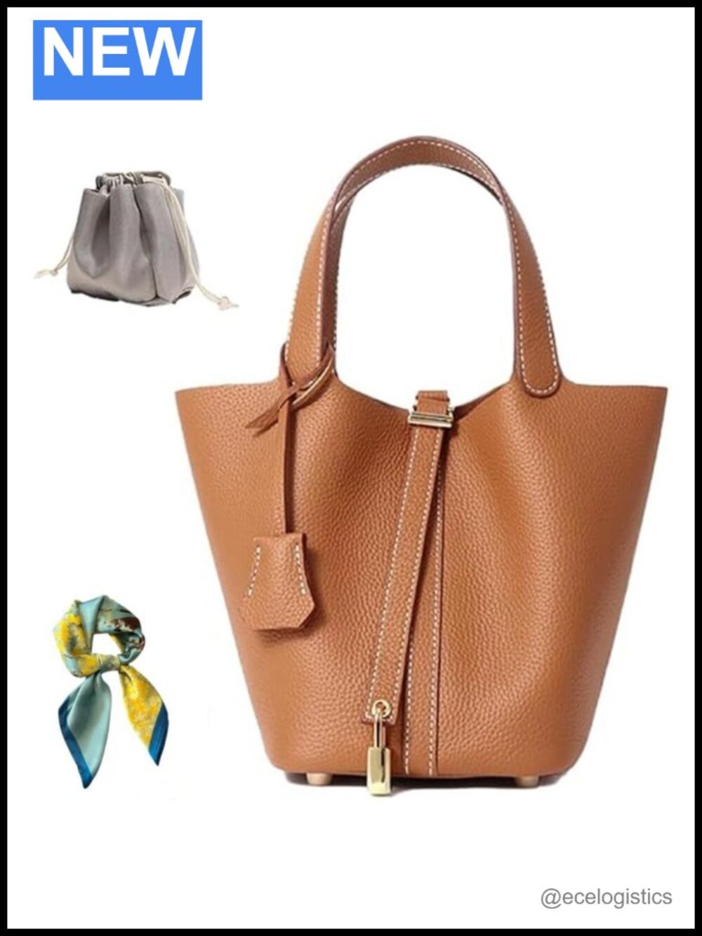 Genuine Leather Bucket Bag Women Lock Design Shoulder Handbag Top-Handle Tote
